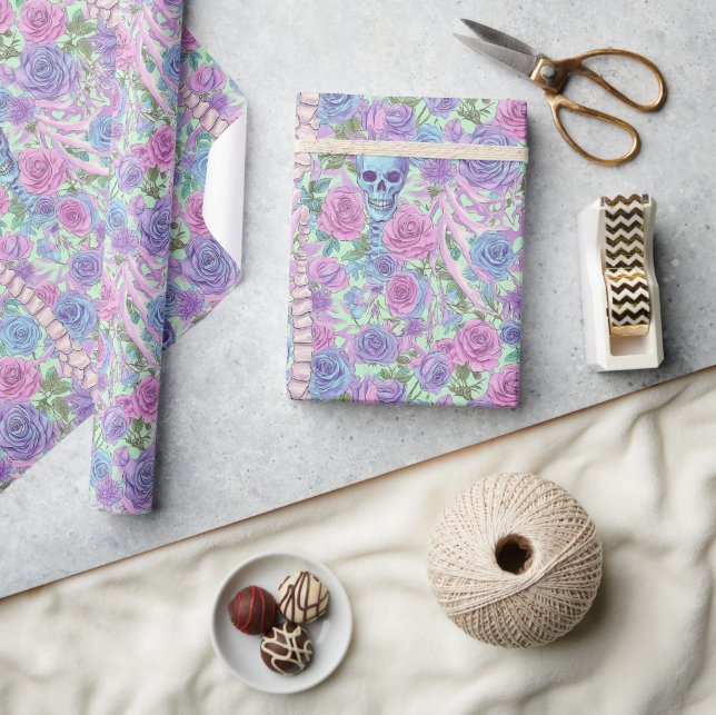 Papel De Presente Pasta Gótico Floral Crânio e Ossos Rosa (Artesanato)