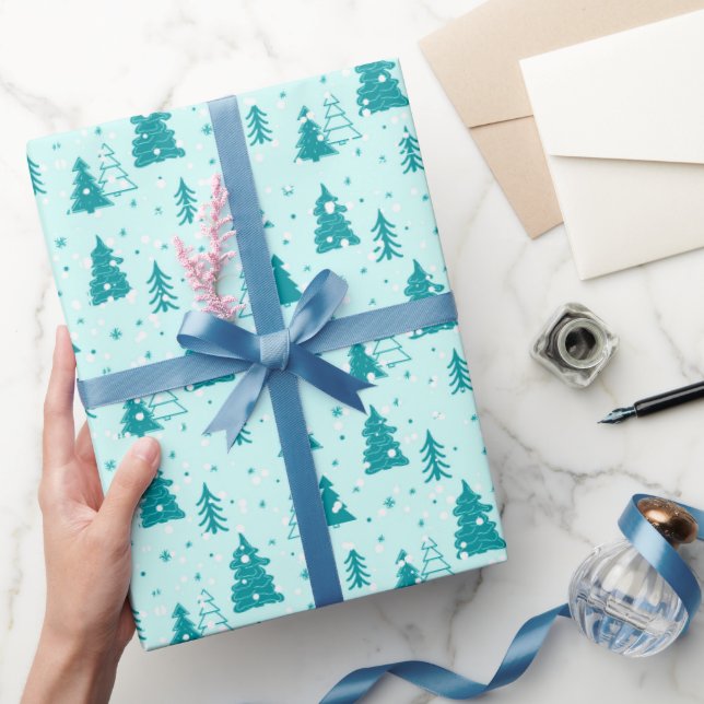 Papel De Presente Pastel Árvore de Natal Caindo Neve Azul (Presentear)