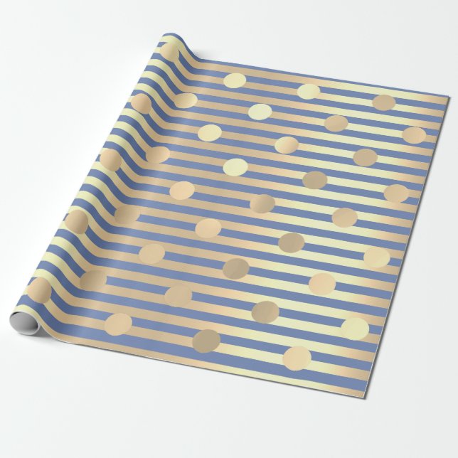 Papel De Presente Pastel Azul Dourado com Stripes bolinhas (Desenrolado)