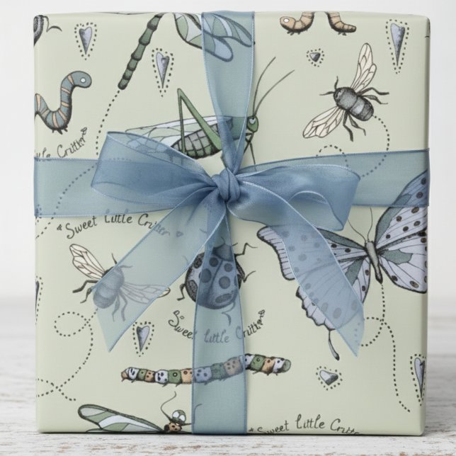 Papel De Presente Pastel Azul e Sage Boho Insetos Bebês Crianças Beb (Modern Insect Wrapping Paper for Boy Birthday & Baby Shower. Bug & Beetle Pattern in Blue & Green)