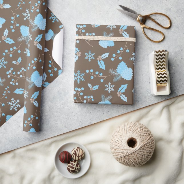 Papel De Presente Pastel Blue MistletoSnowflakes Pinecones Winter (Artesanato)
