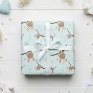 Papel De Presente Pastel Blue Monkey Valentine Wrapping Paper