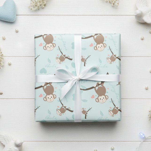 Papel De Presente Pastel Blue Monkey Valentine Wrapping Paper  (Soft pastel blue cute monkeys for valentine, birthday or any gift.)