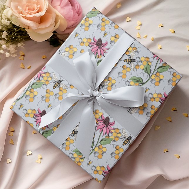 Papel De Presente Pastel Blue Queen Bee, Honeycomb e Flores Exóticas (Elegant Hand-Drawn Buzzing Queen Bee, Honeycomb & Pink Exotic Flower Gift Wrap for Nature Lovers.)