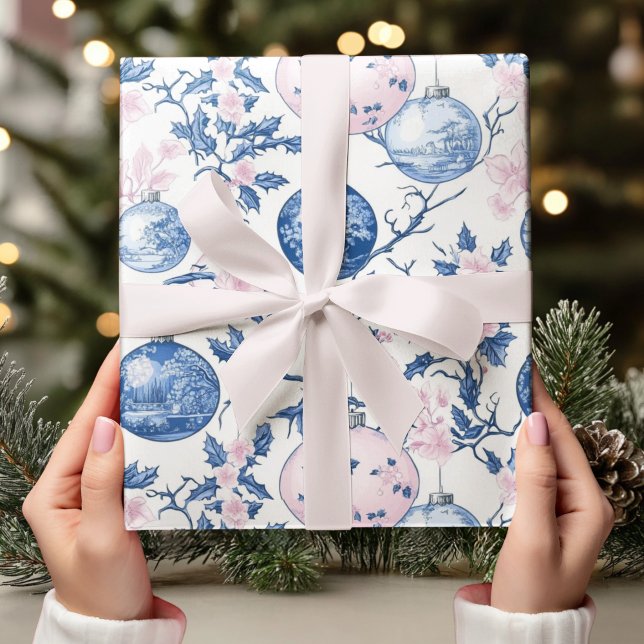 Papel De Presente Pastel Chinoiserie Enfeites de natal Azul e Rosa (Criador carregado)