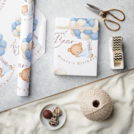 Papel De Presente Pastel do primeiro aniversario do Woodland Bear Bo