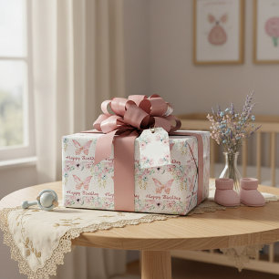 Papel De Presente Pastel floral e borboleta aniversário de bebê