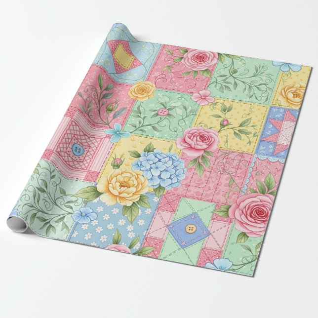 Papel De Presente Pastel Floral Patchwork Picnic Pattern (9) (Desenrolado)