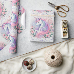 Papel De Presente Pastel Floral & Unicorn Wrappaper