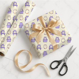 Papel de Presente Pastel Gato Fofo Lavanda Kawaii