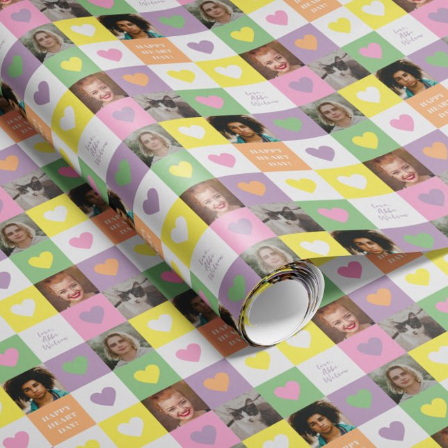 Papel De Presente Pastel Heart Checkerboard com Namorados de fotos (pastel checkerboard heart pattern Valentine's Day gift wrap with custom photos and  personal text)