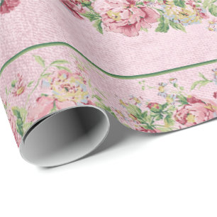 Papel De Presente Pastel perolado floral Vip do rosa de rosas verdes
