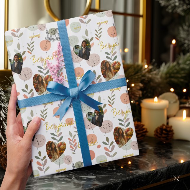 Papel De Presente Pastel Personalizado Botânico com Fotos e Nomes (Criador carregado)