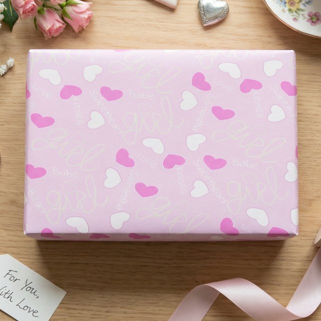Papel De Presente Pastel Pink Love Hearts (Sweet pink candy hearts all over. Perfect for Valentine, birthdays, or baby showers. Girly and fun.)