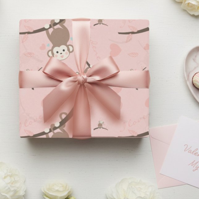 Papel De Presente Pastel Pink Monkey Valentine Wrapping Paper  (Pastel pink cute custom monkey with valentine words.)