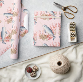 Papel De Presente Pastel Pink Ocean Baby Narwhale Coloração de conch