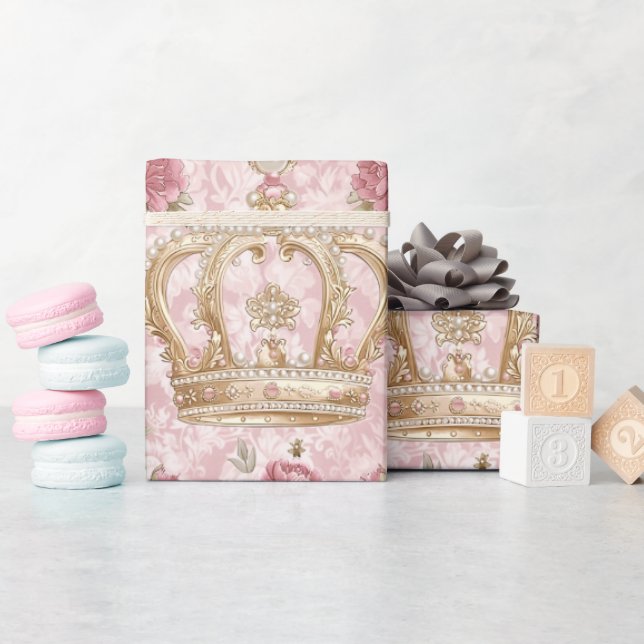 Papel De Presente Pastel Princess Crowns Damask Pearls (Chá de bebê)