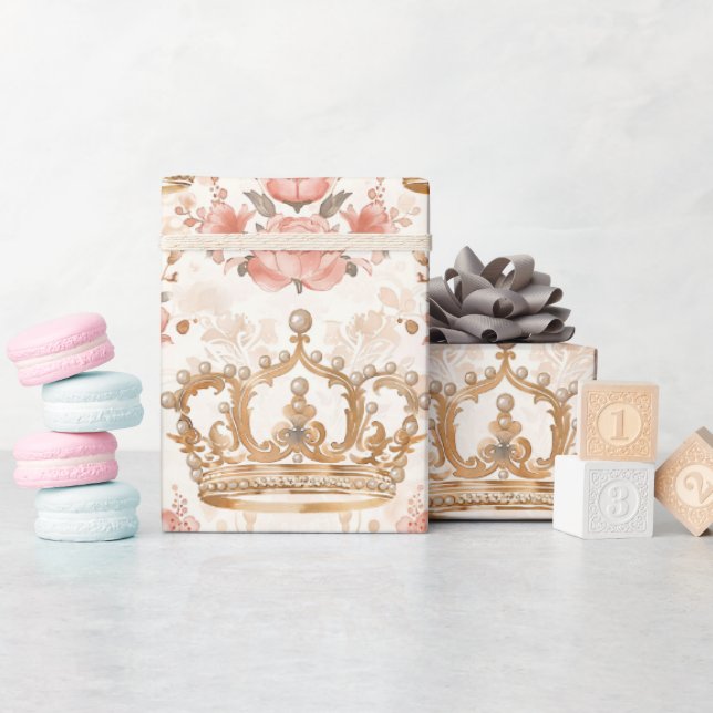 Papel De Presente Pastel Princess Crowns Damask Pearls (Chá de bebê)