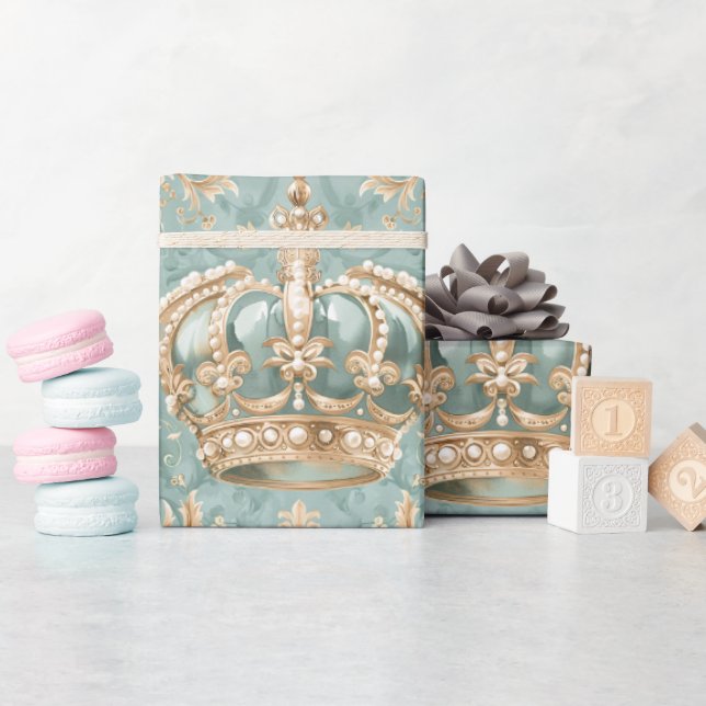 Papel De Presente Pastel Princess Crowns Damask Pearls (Chá de bebê)
