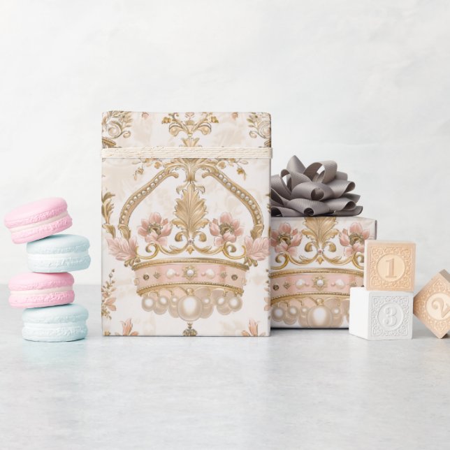 Papel De Presente Pastel Princess Crowns Damask Pearls (Chá de bebê)