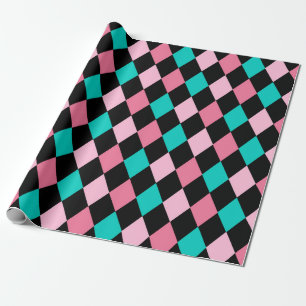 Papel De Presente Pastel Rainbow Losangos Preto Rosa Azul Arlequim