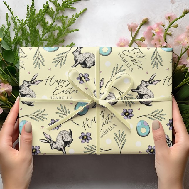 Papel De Presente Pastel Yellow Felz pascoa Bunnies (Cute Yellow Happy Easter Wrapping Paper for Kids. Custom Name, Easter Bunnies, Eggs, Flowers...)