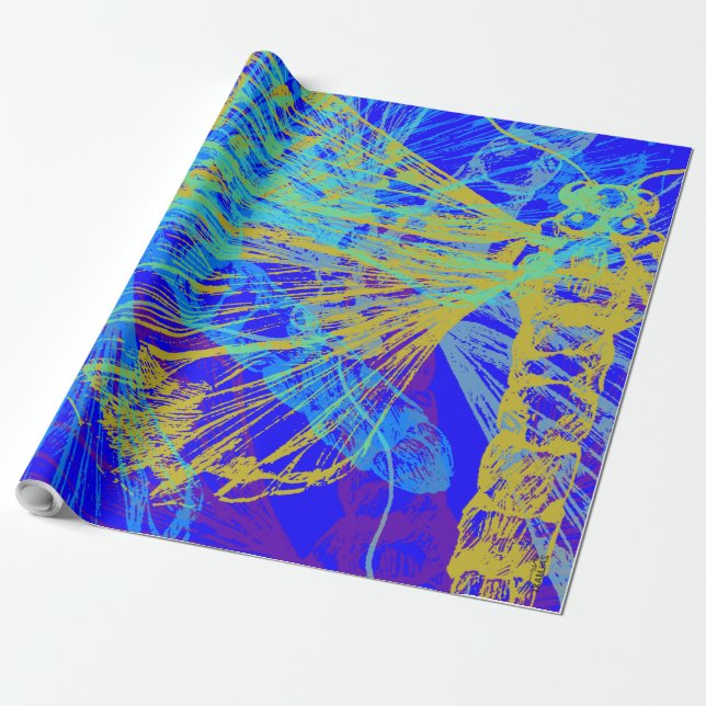 Papel De Presente Pasto Azul da Borboleta Dourada abstrato (Desenrolado)