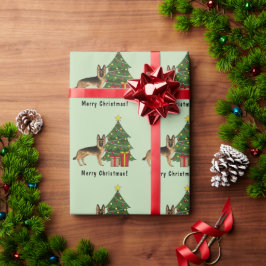 Papel De Presente Pastor Alemão Preto e Marrom e uma Árvore de Natal