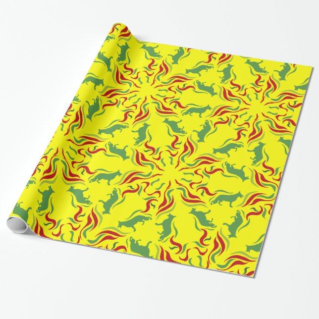 Papel De Presente Pastor Alemão vermelho verde (Desenrolado)
