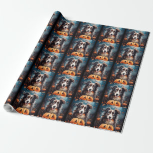 Papel De Presente Pastor Australiano Halloween Com Pumpkins Assustad