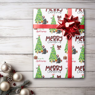 Papel De Presente Pastor australiano, pássaro e árvore de Natal