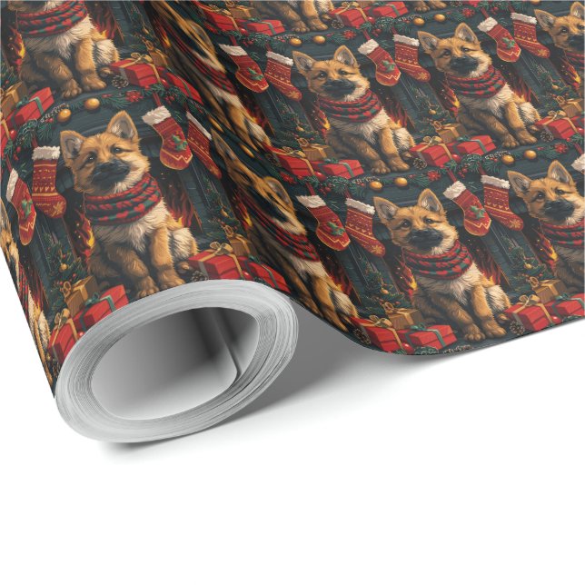 Papel De Presente Pastor Belga Com Presentes de Natal Lareira (Ponta do rolo)