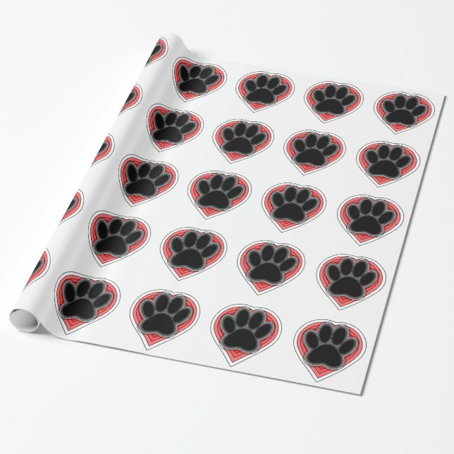Papel De Presente Pata De Cães No Coração Vermelho Com Descrições (Desenrolado)