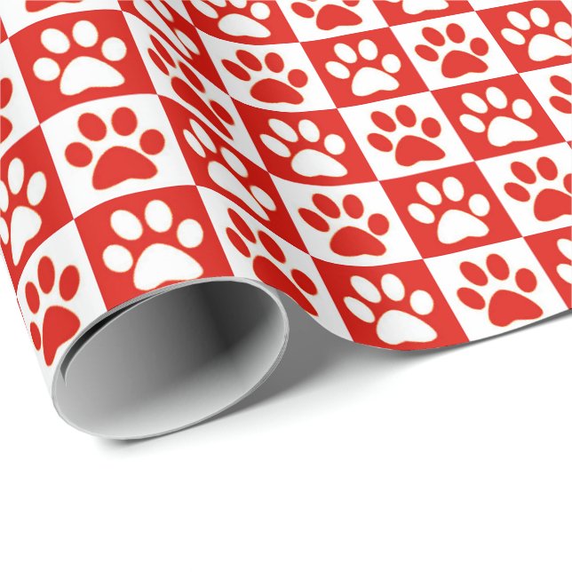 Papel De Presente Pata do cão Imprime vermelho e branco (Ponta do rolo)