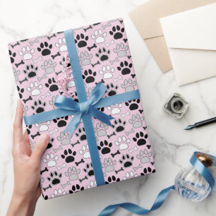 Papel De Presente Patas de Cachorro e Padrão de Ossos Rosa