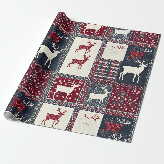 Papel De Presente Patchwork do Fair Isle Knited | Reindeer Russo (2) (Desenrolado)