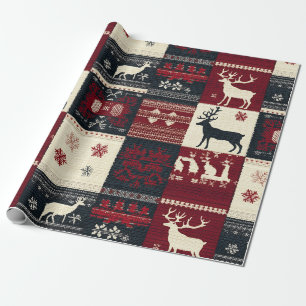 Papel De Presente Patchwork do Fair Isle Knited Rustic Reindeer