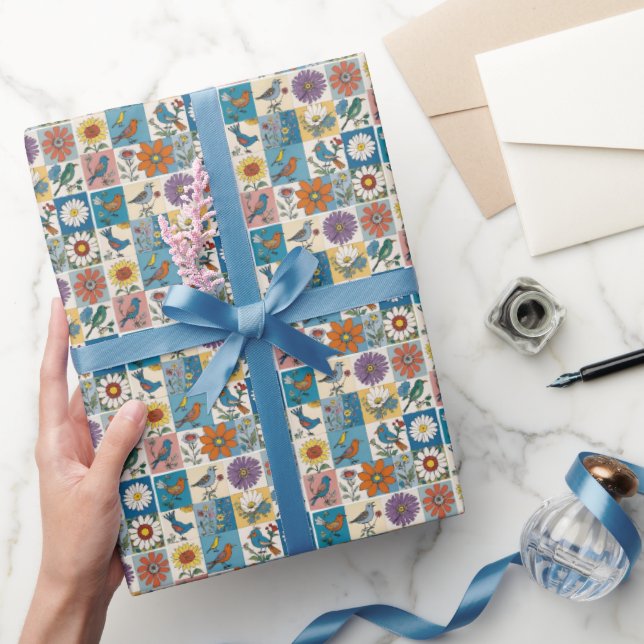 Papel De Presente Patchwork Floral Com Pássaros Com Arte Folk Hippie (Presentear)