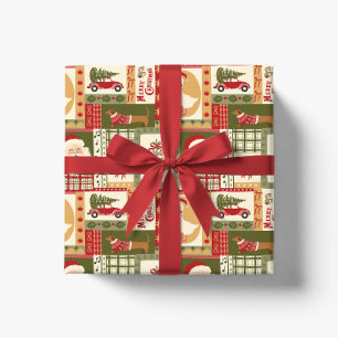 Papel De Presente Patchwork Natal Vermelho e Verde Vintage