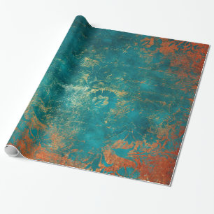 Papel De Presente Pátina de Cobre Grunge e Damasko de Turquesa