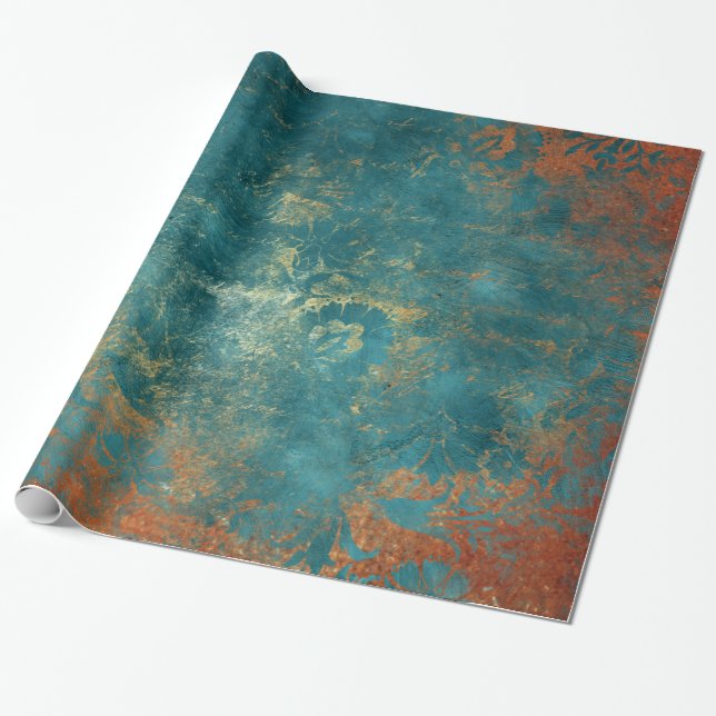 Papel De Presente Pátina de Cobre Grunge e Damasko de Turquesa (Desenrolado)