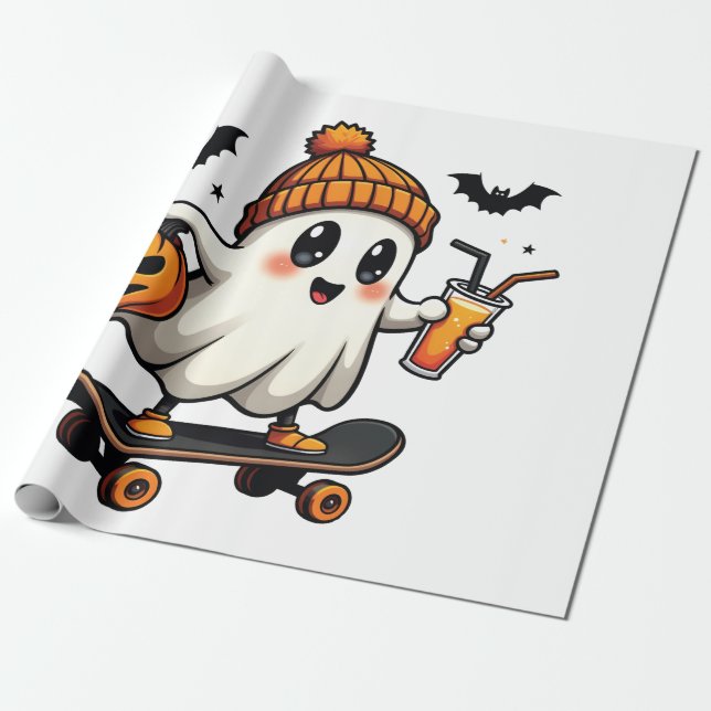 Papel De Presente Patinação de Halloween Pumpkin Spice Ghost Fall (Desenrolado)
