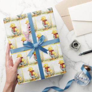 Papel De Presente Patinho de Aguarela Vestindo Macacão de Ganga