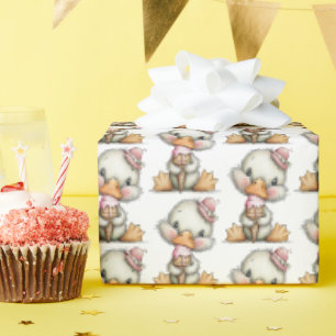Papel De Presente Patinho Fofo com Festa de Sorvete Rosa