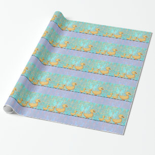 Papel De Presente Patinhos Fofos em Damasco Roxo Turquesa