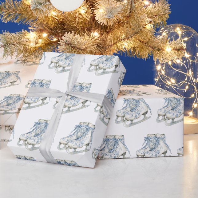 Papel De Presente Patins de Gelo Brancos Azul Natal (Feriados)