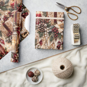 Papel De Presente Patins de Natal Luxuosos em Dourado Borgonha