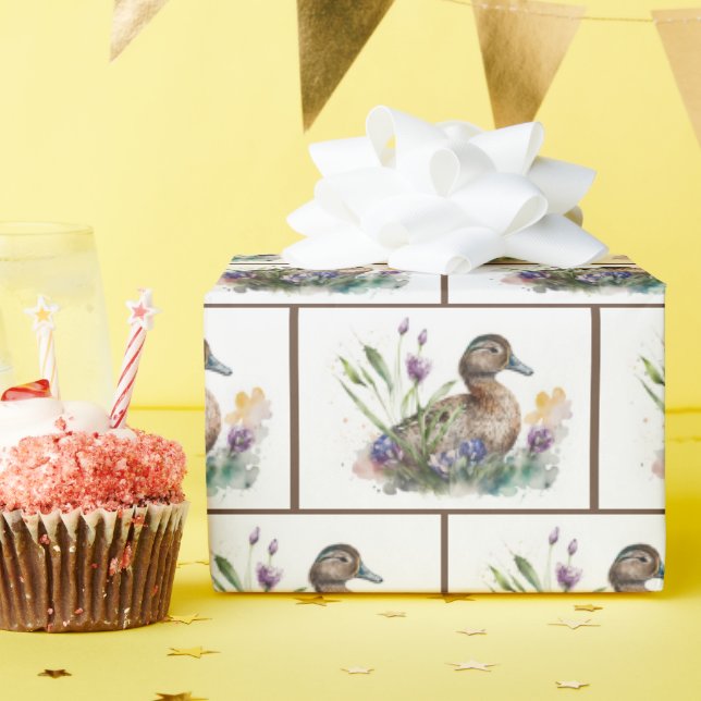 Papel De Presente Pato De Aquarela Em Flores (Festa de aniversário)