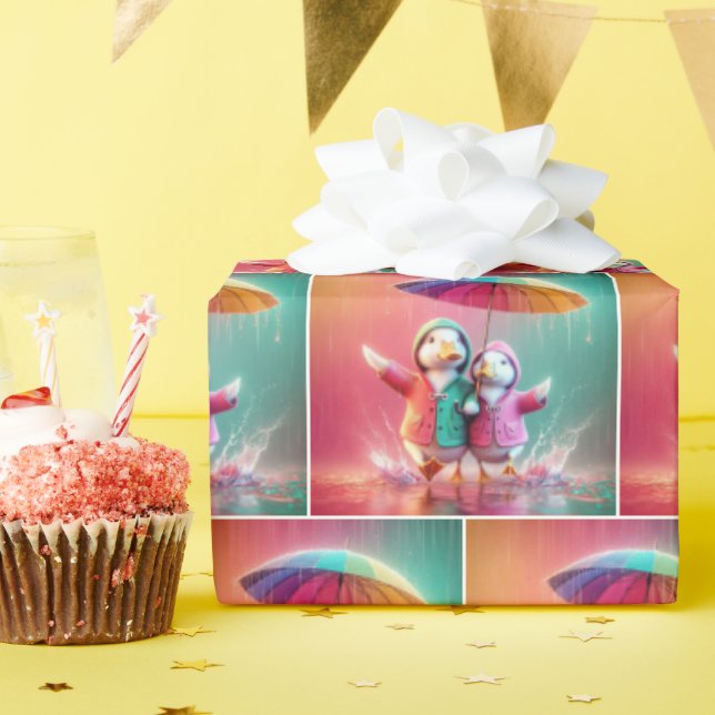 Papel De Presente Patos Brancos Andando Na Chuva (Festa de aniversário)