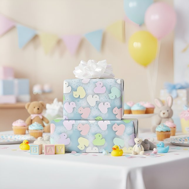 Papel De Presente Patos Pastel - Banheira Látea (Pastel rubber ducks on a bubbly blue background for sweet baby showers and cute kids’ gifting.)